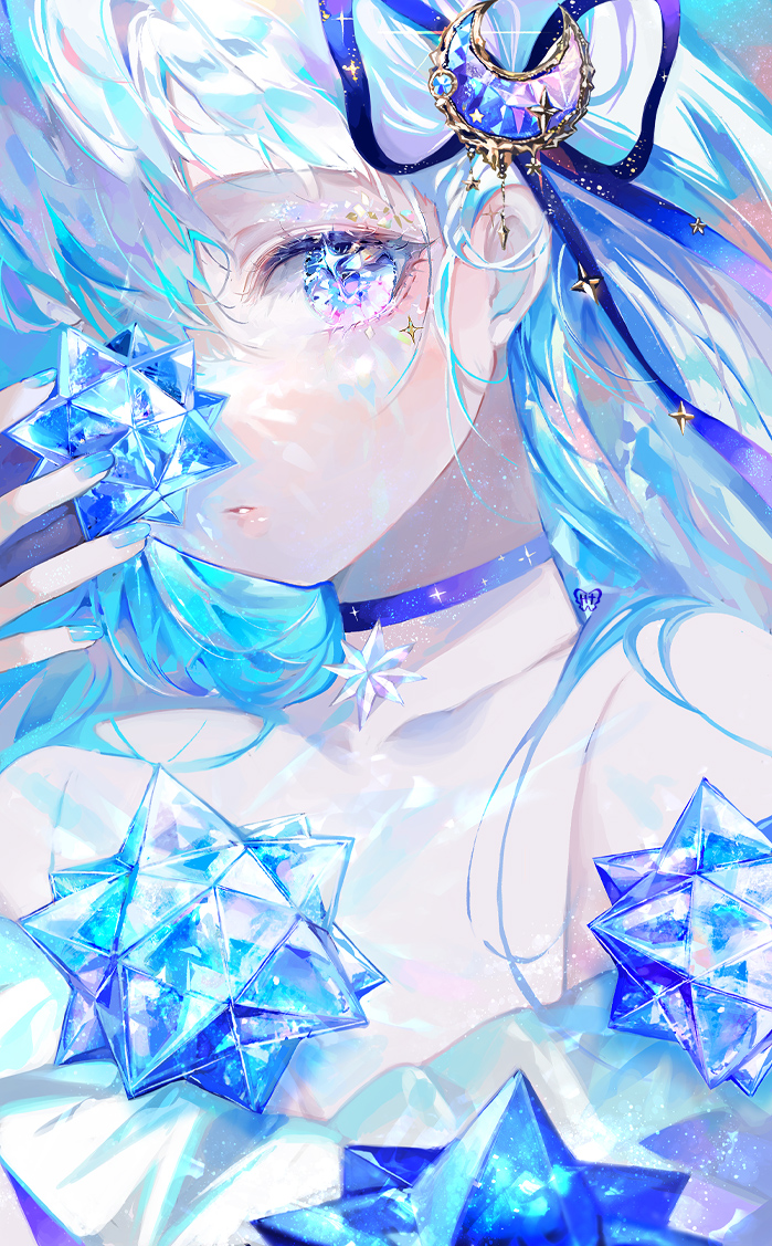 1girl, blue_nails, bow, close-up, eye_glitter, facepaint, fingernails, gem