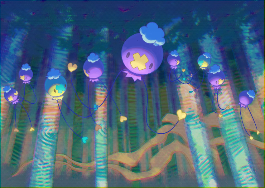 alternate_color, closed_eyes, commentary_request, drifloon, eye_contact, floating, forest, from_below