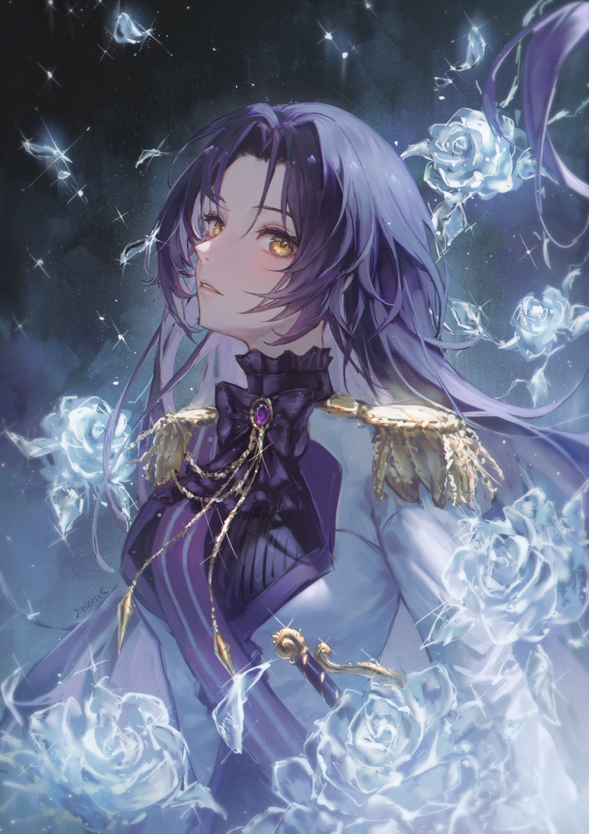 1girl, black_bow, bow, brown_eyes, dominique_de_sade, epaulettes, flower, frilled_shirt_collar, frills, highres, jacket, long_hair, looking_at_viewer, parted_bangs, parted_lips, purple_hair, signature, solo, upper_body, vanitas_no_carte, white_flower, white_jacket, yellow_eyes, zieru