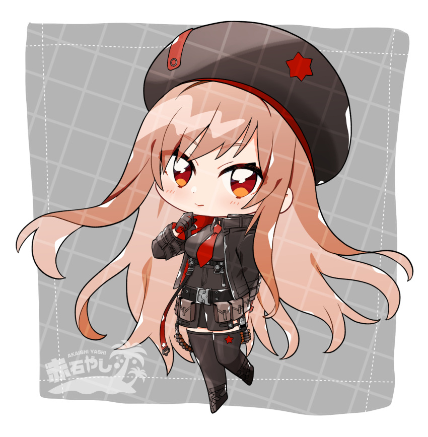 akaishi_yashi, arm_behind_back, artist_name, bandolier, belt, belt_pouch, beret, black_footwear, black_gloves, black_headwear, black_jacket, black_shirt, black_thighhighs, blush, chest_harness, chibi, collared_shirt, cropped_jacket, gloves, goddess_of_victory:_nikke, hand_on_own_chin, harness, hat, highres, jacket, light_brown_hair, long_hair, necktie, open_clothes, open_jacket, orange_eyes, pouch, rapi_(nikke), red_gloves, red_jacket, red_necktie, shirt, smile, thigh-highs, two-sided_fabric, two-sided_jacket, two-tone_gloves, very_long_hair