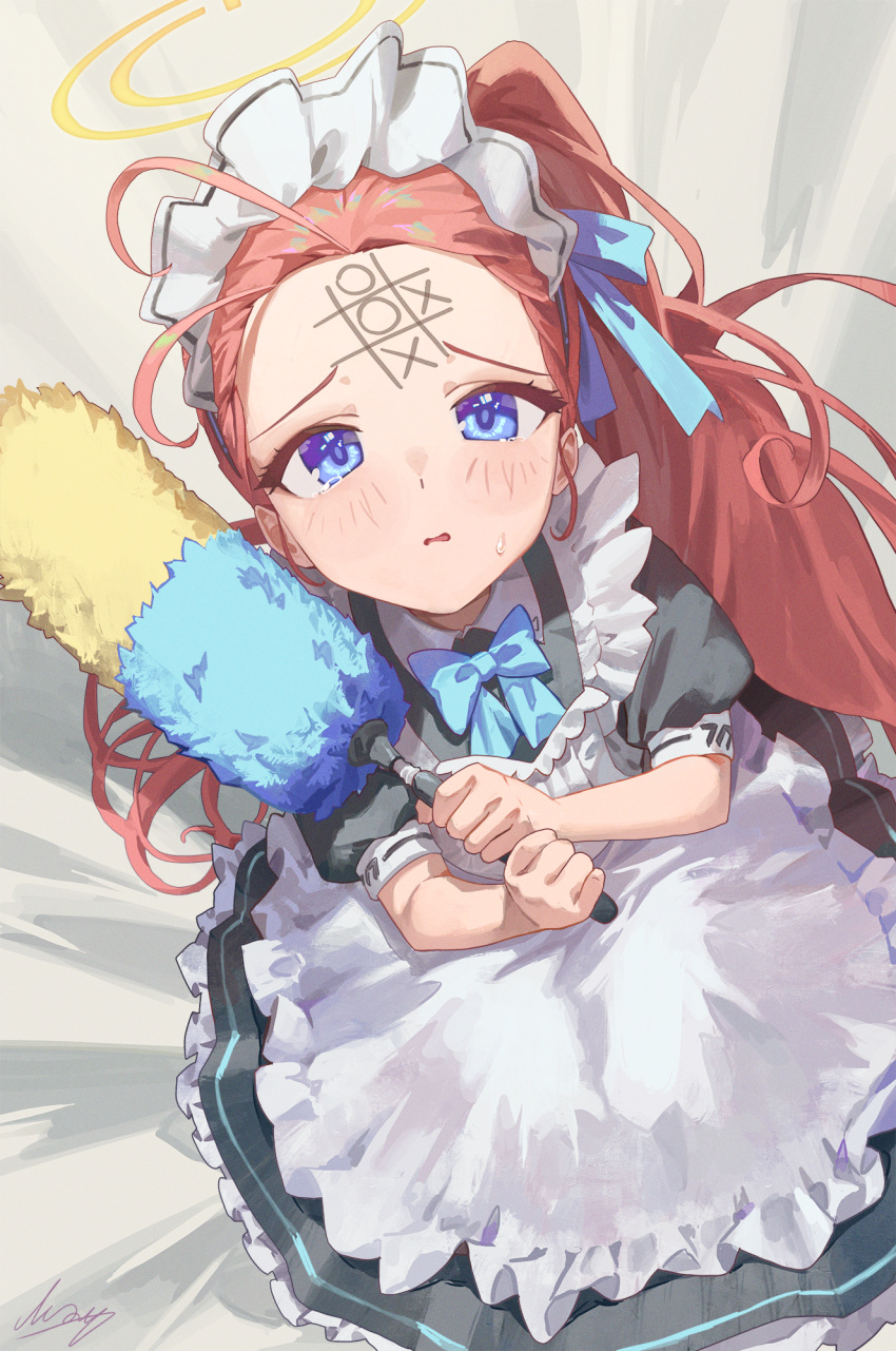 1girl, antenna_hair, apron, black_dress, blonde_hair, blue_archive, blue_bow, blue_bowtie