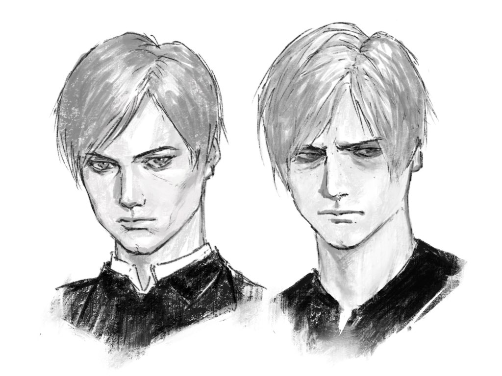 2boys, age_comparison, bags_under_eyes, curtained_hair, dual_persona, frown, furrowed_brow, greyscale, leon_s._kennedy, monochrome, mrs.yega_(nai0026er), multiple_boys, profile, resident_evil, resident_evil_2, resident_evil_2_(remake), resident_evil_4, resident_evil_4_(remake)