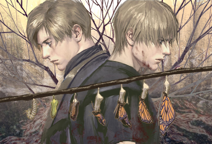 2boys, age_comparison, blood, blood_on_face, brown_hair, bug, butterfly, caterpillar