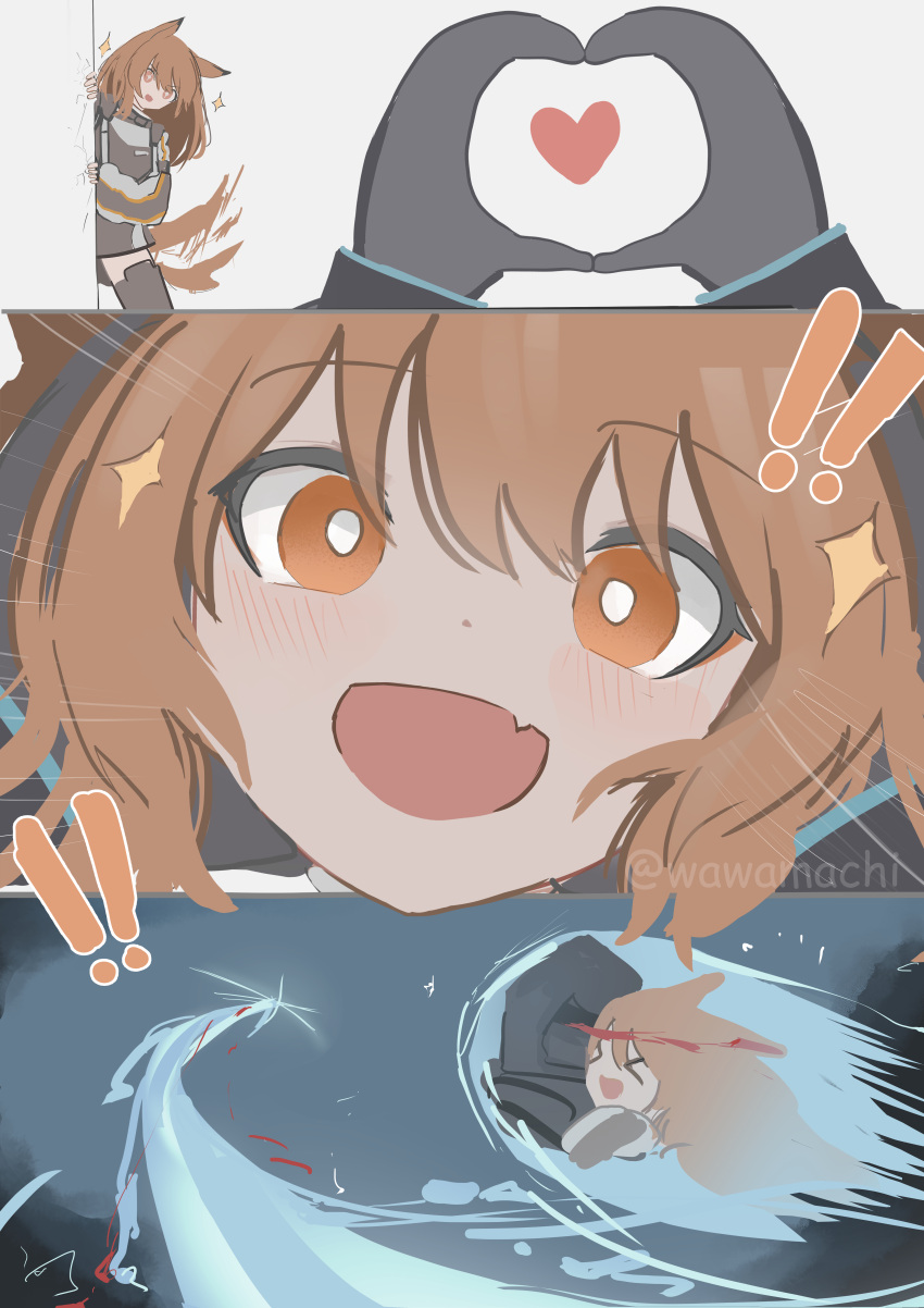!, !!, >_<, 1girl, 1other, absurdres, ambiguous_gender, animal_ears, arknights, brown_eyes, brown_hair, ceobe_(arknights), commentary, doctor_(arknights), dog_ears, dog_girl, dog_tail, english_commentary, fang, gloves, heart, highres, hood, hooded_coat, hooded_jacket, jacket, long_hair, open_mouth, skin_fang, smile, snoot_challenge, tail, tail_wagging, twitter_username, wawamachi_(wawamachis)