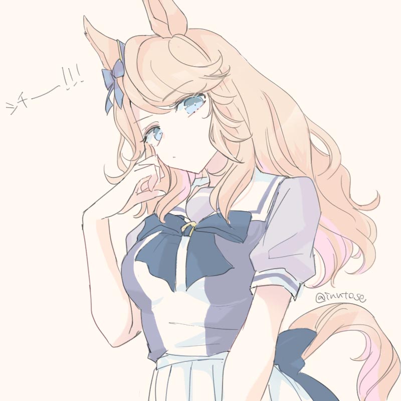 animal_ears, blonde_hair, blue_eyes, bow, bowtie, breasts, closed_mouth, ear_bow