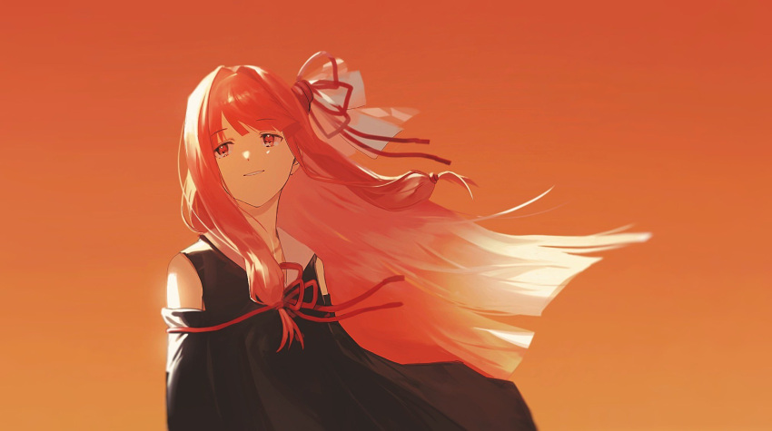 1girl, arms_at_sides, black_dress, blunt_bangs, blunt_ends, collared_dress, commentary, detached_sleeves