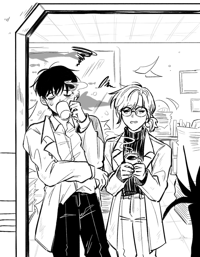 1boy, 1girl, closed_eyes, collared_shirt, commentary_request, cup, deepblue1059, drinking