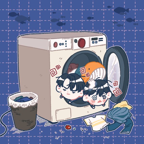 2boys, @_@, black_hair, blue_background, blush, chibi, commentary_request, deepblue1059