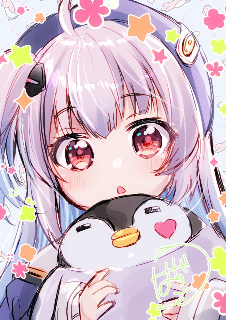 1girl, :o, ahoge, animal, beret, bird, blue_hair, blush, colored_inner_hair, female_child, goddess_of_victory:_nikke, hair_between_eyes, hair_ornament, hat, highres, holding, holding_animal, long_hair, multicolored_hair, one_side_up, open_mouth, penguin, purple_hair, purple_headwear, red_eyes, rei_(nikke), shindo_hachigo, signature, star_(symbol), upper_body