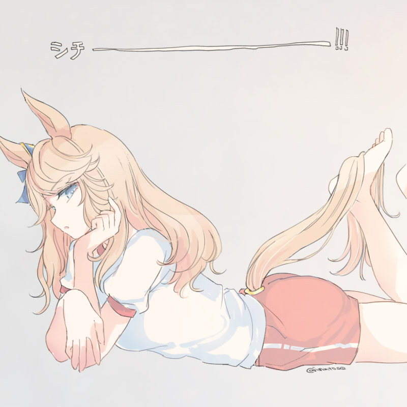 1girl, :o, animal_ears, barefoot, blonde_hair, blue_eyes, elbow_rest, gold_city_(umamusume)