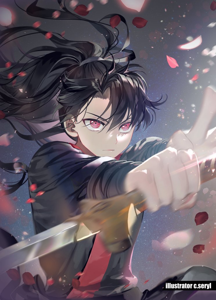 1boy, artist_name, black_hair, c.seryl, cherry_blossoms, chungmyung, holding, holding_sword