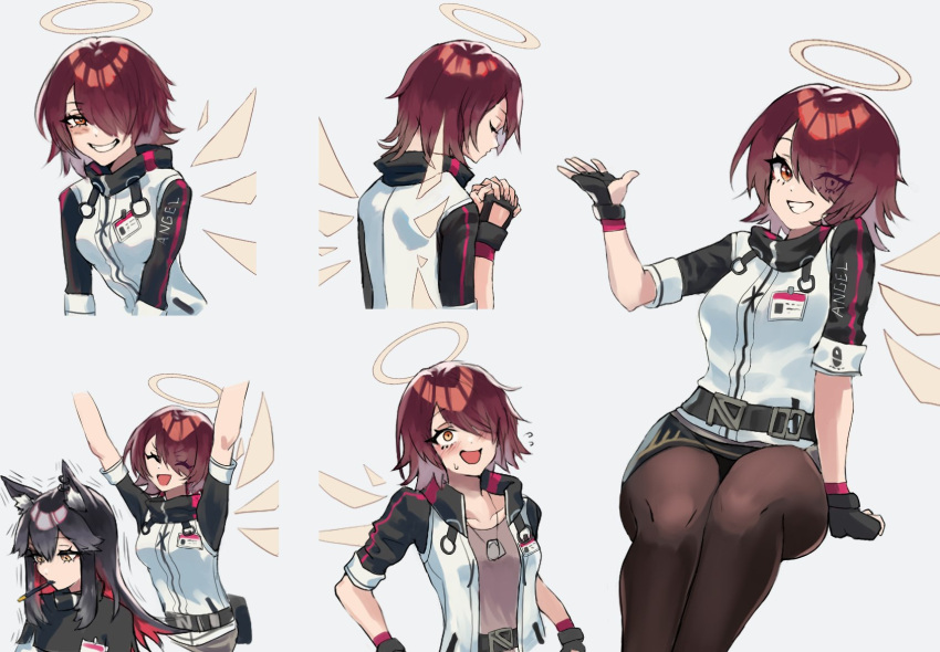 2girls, ^_^, animal_ears, arknights, arms_up, belt, belt_pouch, black_belt, black_gloves, black_hair, blush, breasts, brown_pantyhose, closed_eyes, colored_inner_hair, commentary, detached_wings, dog_tags, exusiai_(arknights), eyes_visible_through_hair, feet_out_of_frame, fingerless_gloves, food, food_in_mouth, gloves, grey_background, grey_shirt, grin, hair_between_eyes, hair_over_one_eye, halo, highres, id_card, invisible_chair, jacket, looking_at_viewer, motion_lines, mouth_hold, multicolored_hair, multiple_girls, multiple_views, open_clothes, open_jacket, open_mouth, orange_eyes, own_hands_clasped, own_hands_together, pantyhose, penguin_logistics_logo, pocky, pocky_in_mouth, pouch, praying, red_eyes, redhead, shirt, short_hair, short_sleeves, simple_background, sitting, small_breasts, smile, sweatdrop, texas_(arknights), white_jacket, wide-eyed, wings, wolf_ears, yellow_eyes, yoko2yuray