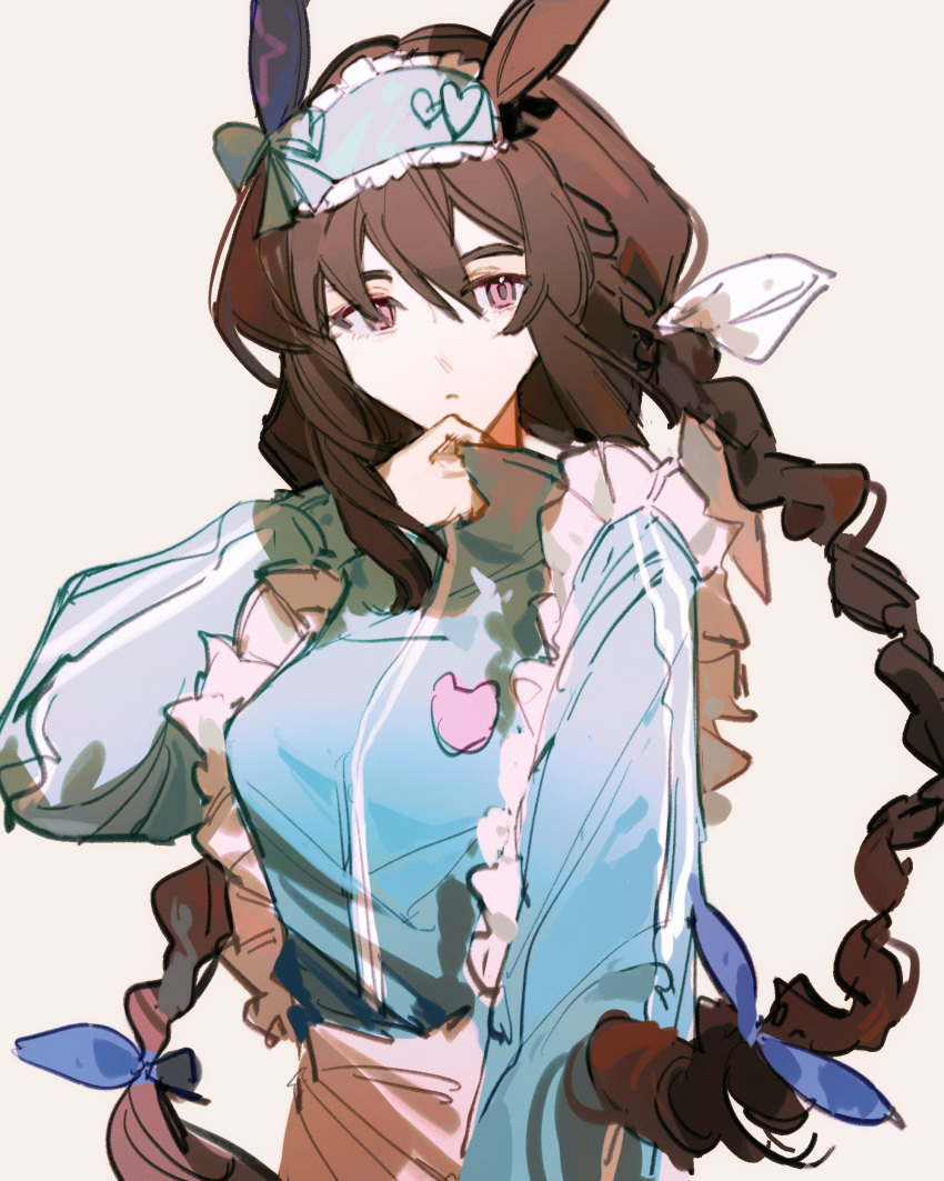 1girl, absurdres, admire_vega_(umamusume), animal_ears, apron, blue_jacket, braid, breasts