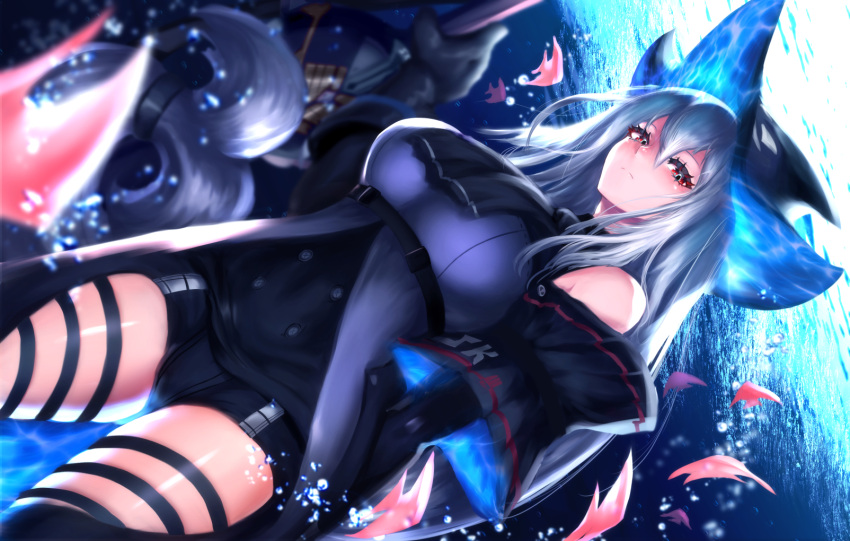 1girl, arknights, arm_garter, ascot, black_ascot, black_gloves, black_pants, breasts