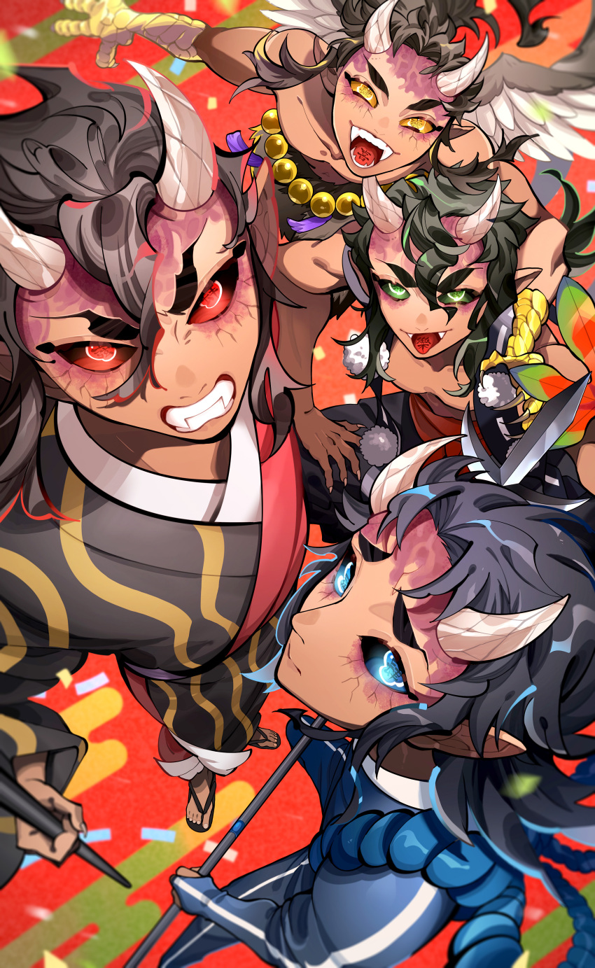 4boys, :p, absurdres, aizetsu_(kimetsu_no_yaiba), bead_belt, black_hair, black_sclera, blue_eyes, colored_sclera, dark-skinned_male, dark_skin, demon, demon_boy, demon_horns, fangs, feathered_wings, fingernails, from_above, full_body, furrowed_brow, green_eyes, highres, holding, holding_weapon, horns, japanese_clothes, karaku_(kimetsu_no_yaiba), kimetsu_no_yaiba, kimono, long_hair, looking_at_viewer, male_focus, mondayfear, multiple_boys, open_mouth, pointy_ears, red_background, red_eyes, sekido_(kimetsu_no_yaiba), sharp_fingernails, smile, talons, tongue, tongue_out, topless_male, urogi_(kimetsu_no_yaiba), v-shaped_eyebrows, weapon, wings, yellow_eyes, zouri