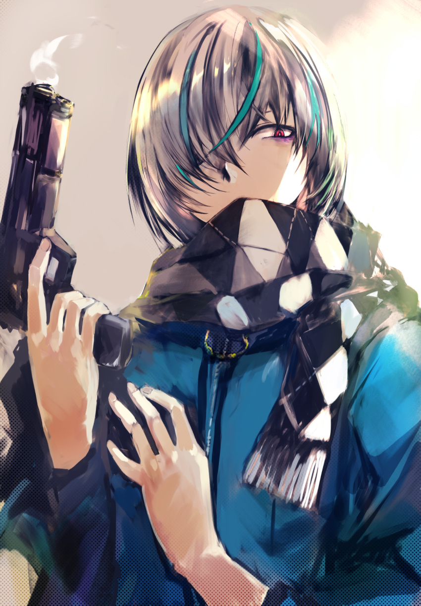 1boy, agulo, dohna_dohna_issho_ni_warui_koto_o_shiyou, grey_hair, gun, hair_over_one_eye, handgun, highres