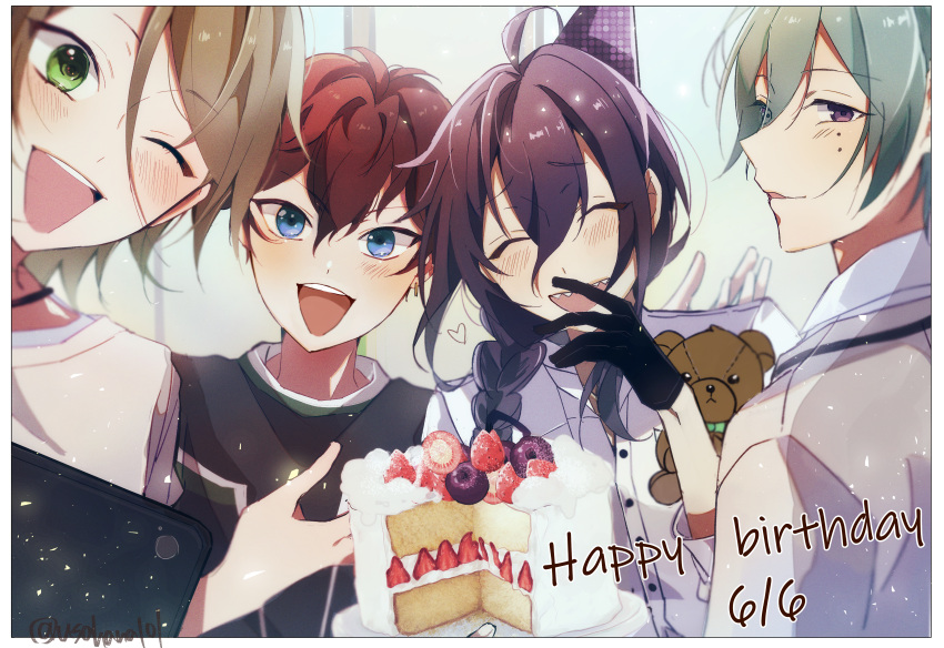 4boys, absurdres, alkaloid_(ensemble_stars!), amagi_hiiro, ayase_mayoi, blonde_hair, blue_hair, blush, cake, closed_eyes, ensemble_stars!, food, green_eyes, happy_birthday, highres, kazehaya_tatsumi, light_blue_hair, long_hair, looking_at_viewer, male_focus, mole, mole_under_eye, multiple_boys, one_eye_closed, open_mouth, purple_hair, redhead, shiratori_aira_(ensemble_stars!), short_hair, smile, usahana101, violet_eyes