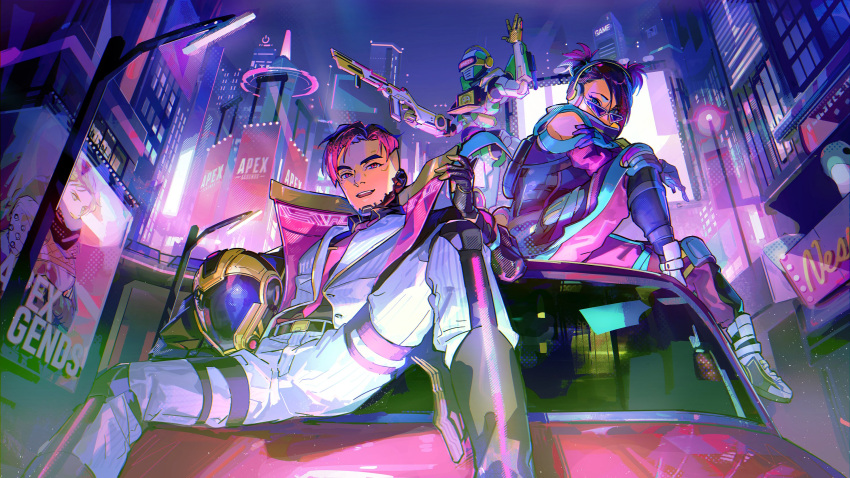 1girl, 2boys, animification, apex_legends, assault_visor, belt, black_belt, black_gloves