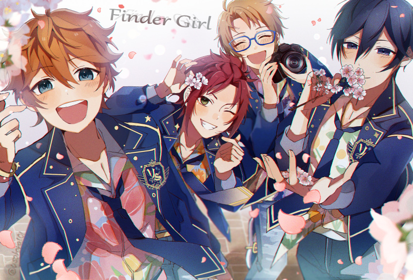 4boys, absurdres, akehoshi_subaru, black_eyes, black_hair, blonde_hair, blue_eyes, cherry_blossoms, closed_eyes, ensemble_stars!, flower, glasses, green_eyes, hidaka_hokuto, highres, isara_mao, male_focus, multiple_boys, one_eye_closed, orange_hair, redhead, short_hair, trickstar_(ensemble_stars!), usahana101, white_background, white_flower, yuuki_makoto_(ensemble_stars!)