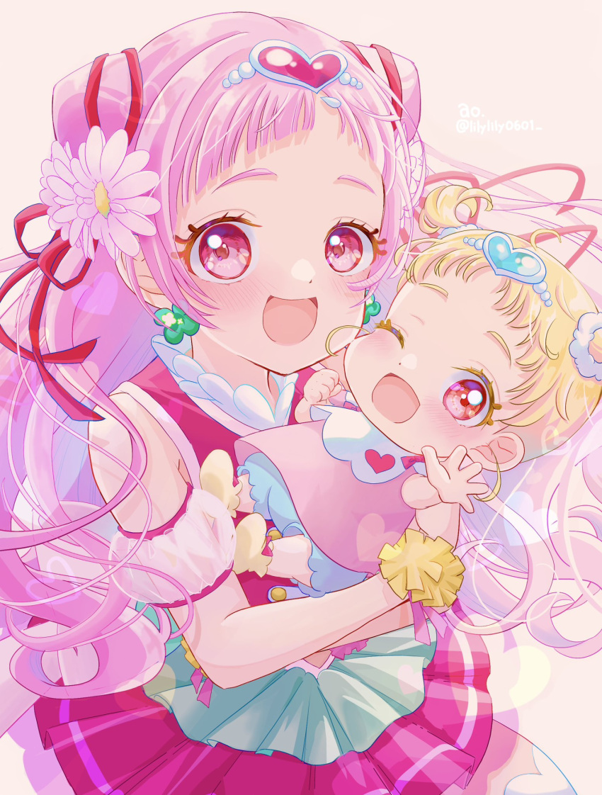 2girls, baby, blonde_hair, clover_earrings, commentary_request, cone_hair_bun, cure_yell, hair_bun