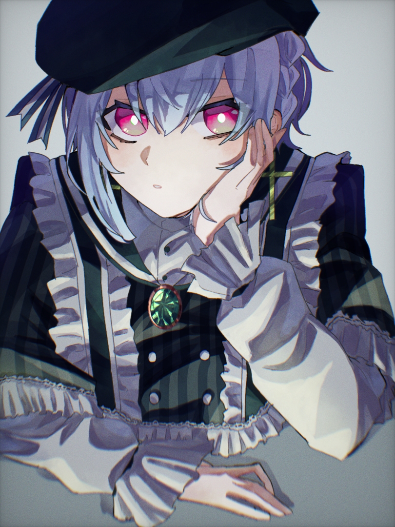 1boy, akuma_shitsuji_to_kuroi_neko, androgynous, blue_hair, capelet, cotolu, cross, cross_earrings, earrings, flure_garcia, green_capelet, grey_background, head_rest, jewelry, light_blue_hair, long_sleeves, looking_at_viewer, male_focus, necklace, pink_eyes, shirt, short_hair, solo, striped_capelet, white_shirt