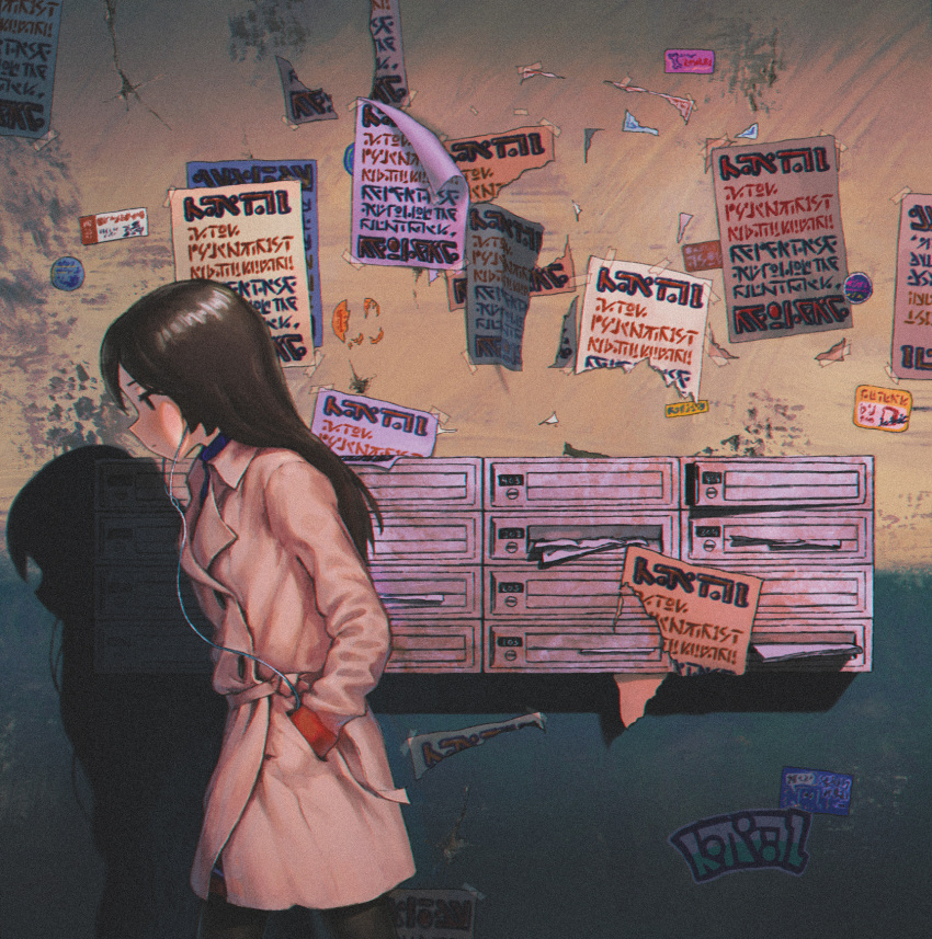 1girl, black_hair, black_pants, blush, earphones, earphones, from_side, ghostpia, hand_in_pocket, highres, long_hair, looking_down, outdoors, pants, poster_(object), sayoko_(ghostpia), shadow, solo, trench_coat, urban, walking, yamamoto_suzume