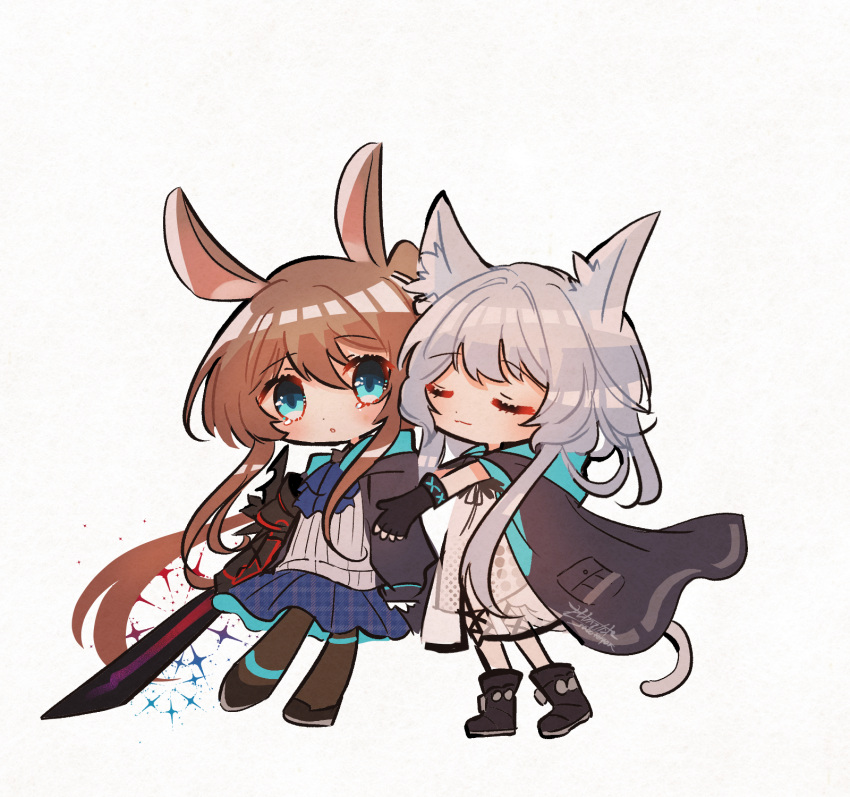 2girls, :o, amiya_(arknights), amiya_(guard)_(arknights), animal_ears, arknights, ascot, black_footwear, black_gloves, black_jacket, black_pantyhose, blue_ascot, blue_eyes, blue_skirt, bracelet, brown_hair, cat_ears, cat_girl, cat_tail, chibi, closed_eyes, closed_mouth, commentary, dress, fingerless_gloves, full_body, gloves, highres, holding, holding_sword, holding_weapon, incoming_hug, infection_monitor_(arknights), jacket, jewelry, long_hair, multiple_girls, oonohara_kenya, pantyhose, parted_lips, ponytail, rabbit_ears, rabbit_girl, rosmontis_(arknights), short_hair, sidelocks, simple_background, skirt, sleeves_past_wrists, sword, tail, very_long_hair, weapon, white_background, white_dress, white_hair