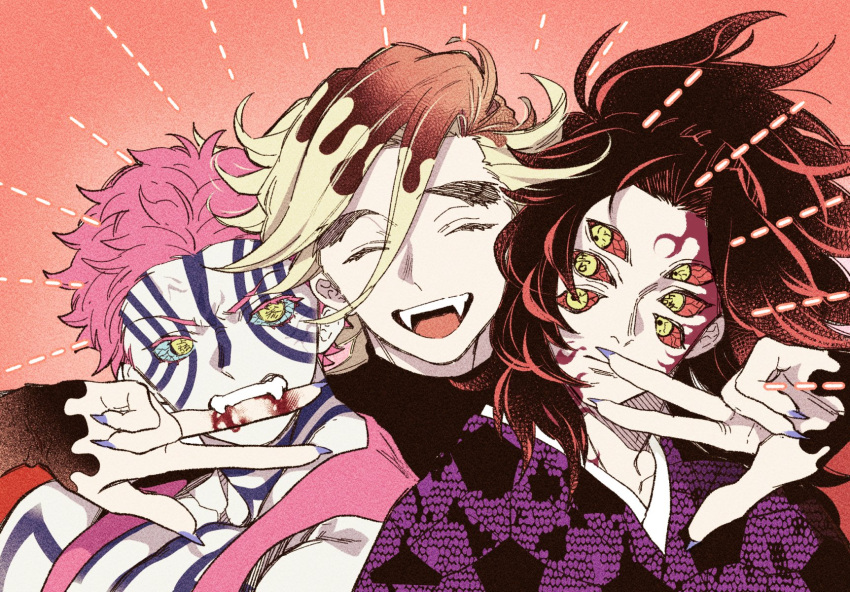 3boys, akaza_(kimetsu_no_yaiba), biting, black_hair, blonde_hair, blood, body_markings, brown_hair