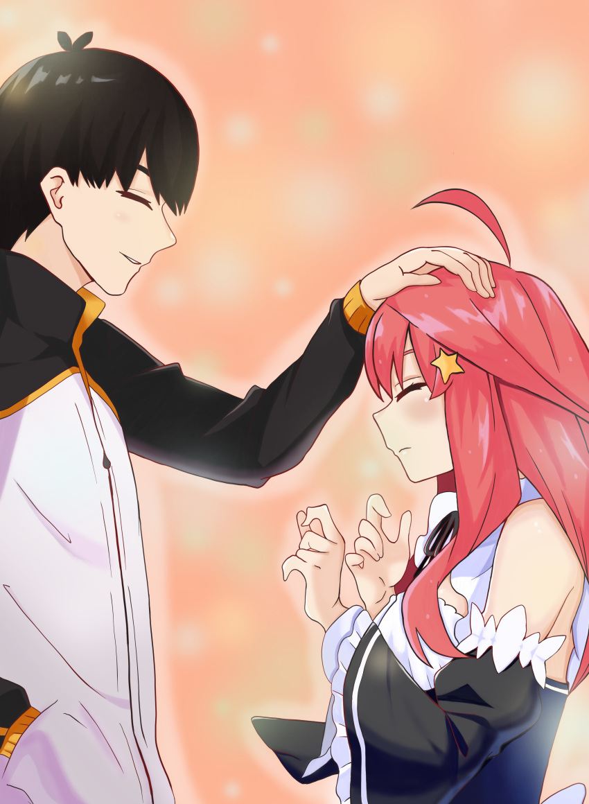 1boy, 1girl, ^_^, absurdres, ahoge, alternate_costume, antenna_hair, bare_shoulders