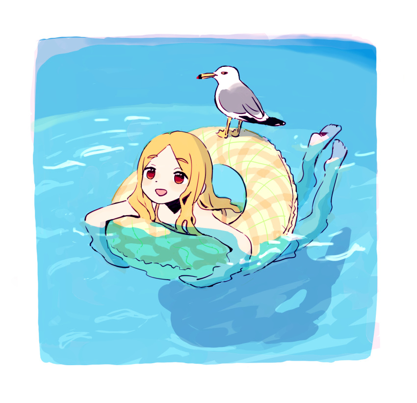 1girl, :d, animal, bare_arms, bare_shoulders, barefoot, bird, blonde_hair, border, dot_nose, feet_up, full_body, highres, idolmaster, idolmaster_cinderella_girls, innertube, iwashi_iwashimo, long_hair, looking_ahead, looking_at_viewer, lying, mochizuki_hijiri, on_stomach, open_mouth, outdoors, parted_bangs, partially_submerged, plaid, red_eyes, refraction, ripples, rounded_corners, seagull, shadow, smile, solo, swimming, swimsuit, thick_eyebrows, water, wavy_hair, white_border, yellow_innertube