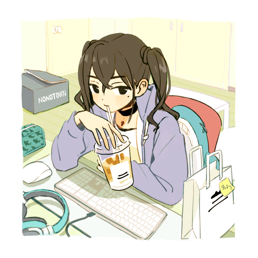 1girl, 3:, arm_rest, bag, bedroom, black_choker, black_eyes, border