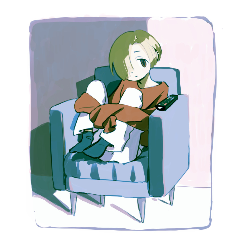 1girl, :|, armchair, black_socks, blonde_hair, border, brown_eyes, brown_shirt