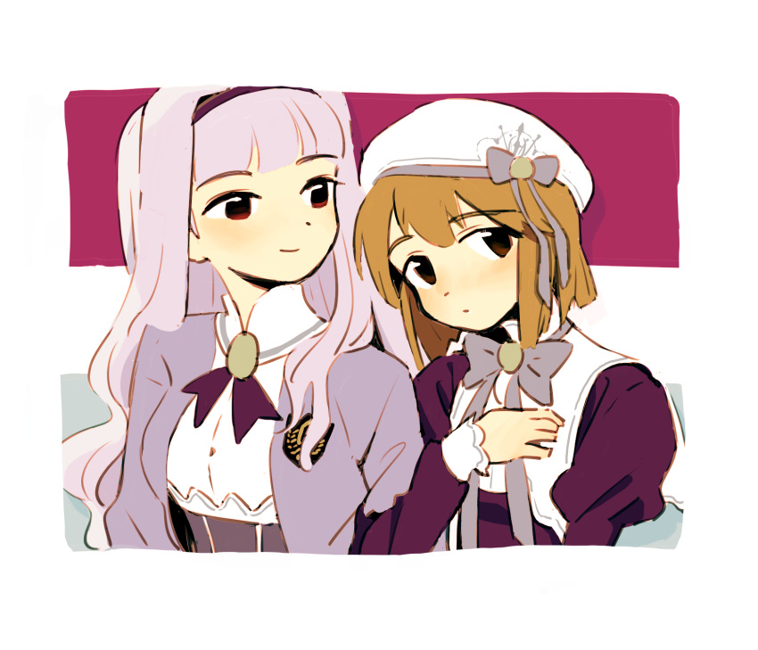 2girls, beret, blunt_bangs, blunt_ends, border, bow, bowtie, brown_eyes