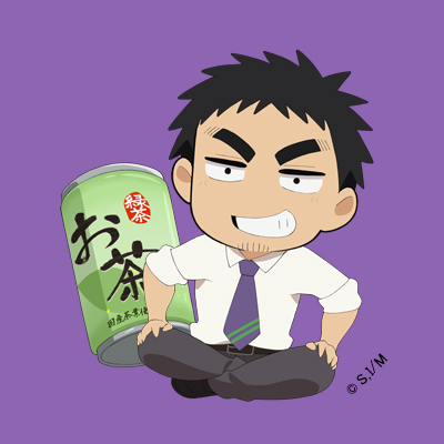 1boy, :d, black_hair, canned_tea, chibi, collared_shirt, crossed_legs, facial_hair, full_body, goatee, hands_on_own_knees, looking_at_viewer, lowres, male_focus, necktie, official_art, promotional_art, purple_background, purple_necktie, salaryman, senpai_ga_uzai_kouhai_no_hanashi, shirt, short_hair, smile, solo, stubble, takeda_harumi_(shiromanta), thick_eyebrows, white_shirt
