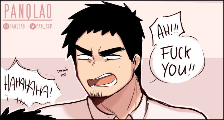 2boys, annoyed, black_hair, collared_shirt, english_text, facial_hair, goatee, highres