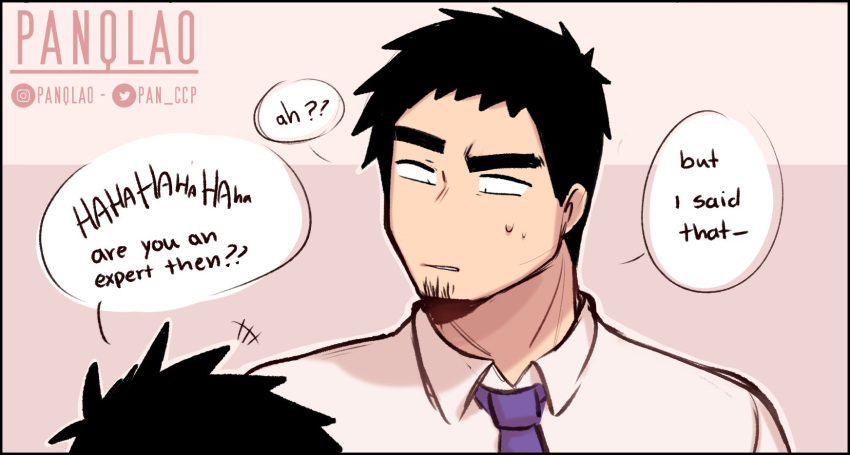 2boys, black_hair, collared_shirt, english_text, facial_hair, goatee, highres, kazama_souta