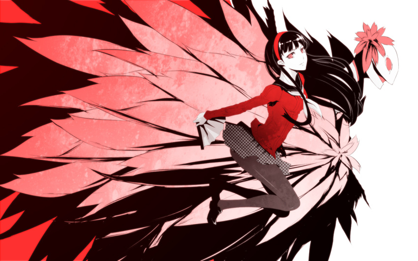 bad_id, black_hair, hairband, konohana_sakuya, long_hair, monochrome, necktie, pantyhose