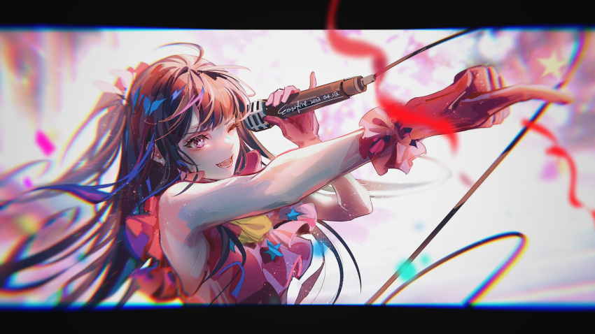 1girl, dress, emalfire0312, gloves, hair_between_eyes, hair_ornament, highres, holding, holding_microphone, hoshino_ai_(oshi_no_ko), idol, long_hair, microphone, one_eye_closed, open_mouth, oshi_no_ko, pink_dress, pink_gloves, pointing, smile, solo, star-shaped_pupils, star_(symbol), star_in_eye, symbol-shaped_pupils, symbol_in_eye, violet_eyes