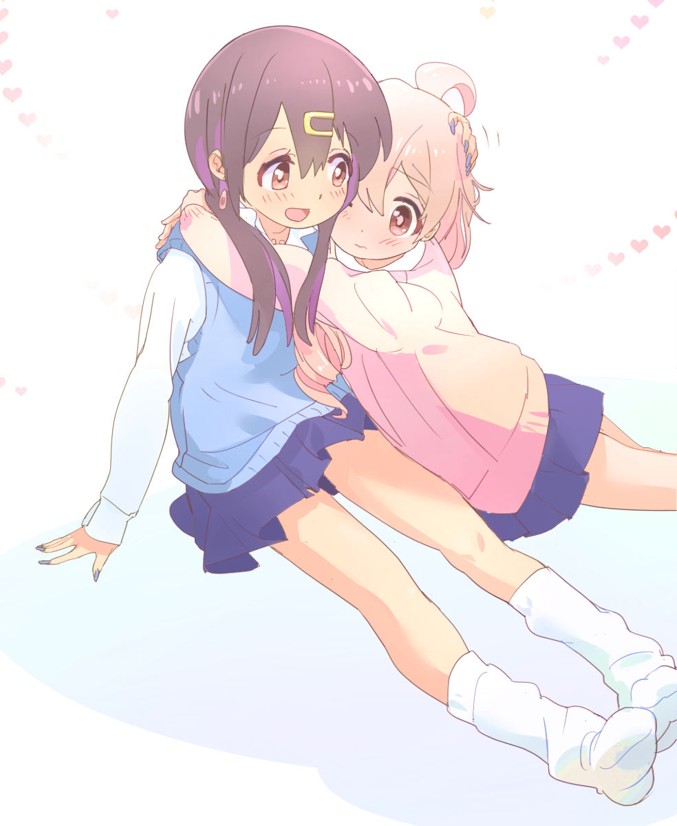 2girls, 3:, :d, ahoge, bare_legs, black_hair, blue_nails, blue_skirt