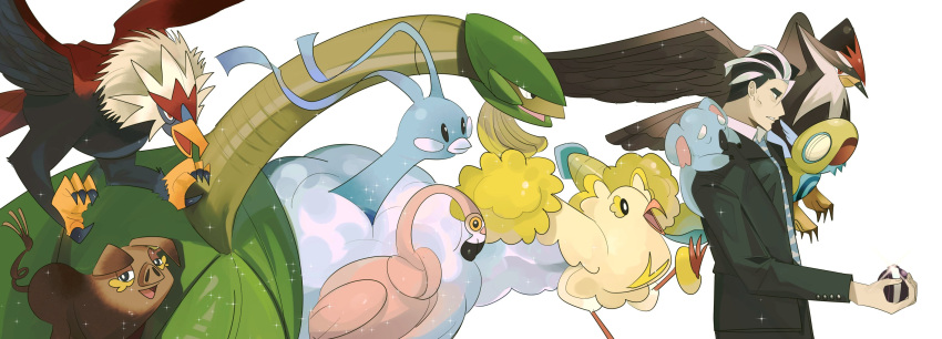 1boy, altaria, bird, black_hair, black_jacket, braviary, collared_shirt, dudunsparce