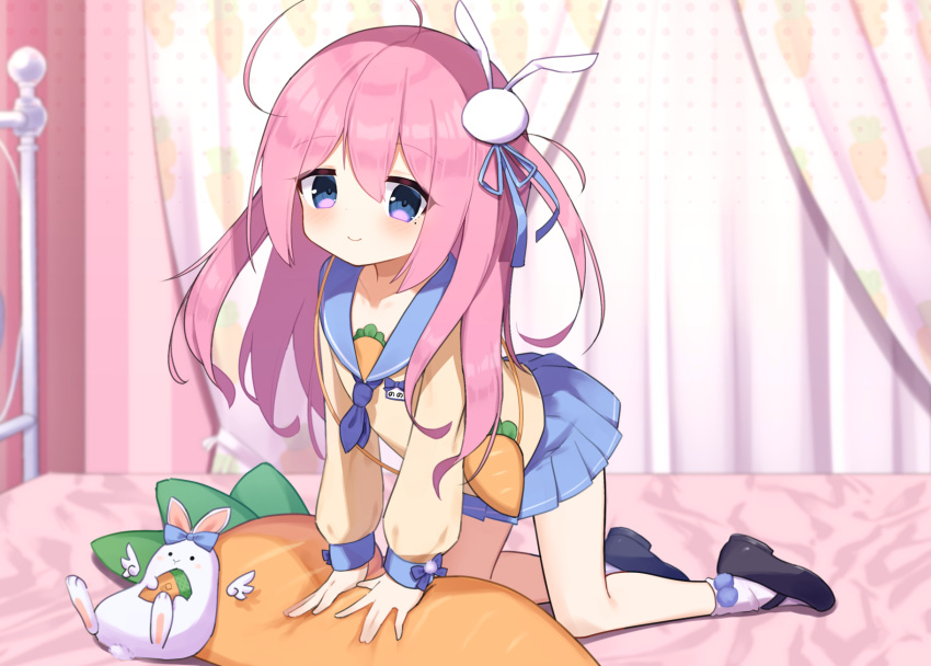 1girl, 1other, ahoge, all_fours, bed, bedroom, black_footwear, blue_skirt