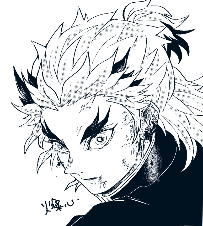 1boy, blood, demon_slayer_uniform, fire_breath1, from_side, greyscale, highres, kimetsu_no_yaiba, looking_afar, male_focus, monochrome, multicolored_hair, parted_lips, portrait, rengoku_kyoujurou, short_ponytail, simple_background, solo, streaked_hair, thick_eyebrows, white_background