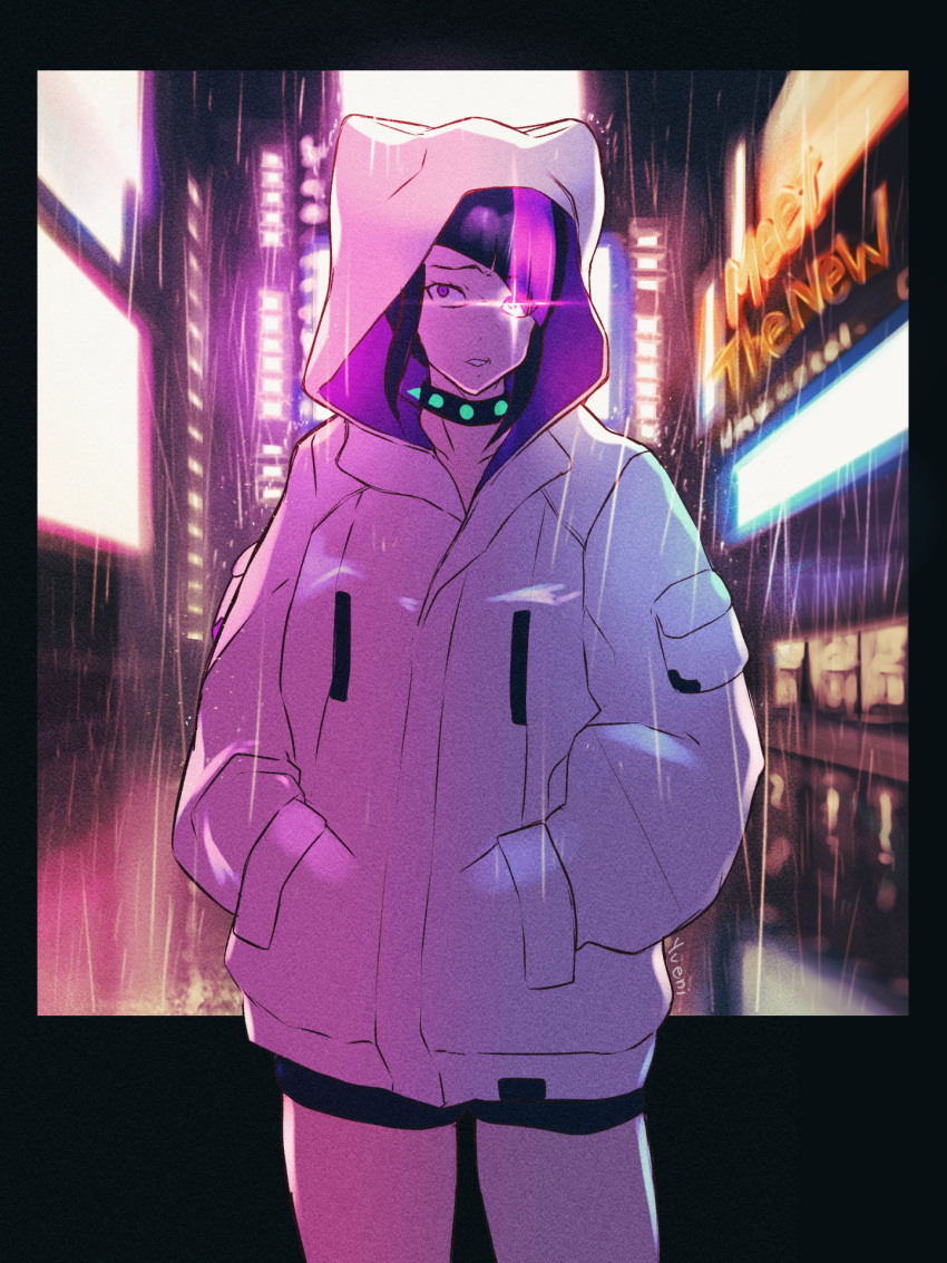 1girl, asymmetrical_hair, black_hair, choker, city, collar, commentary_request, english_text