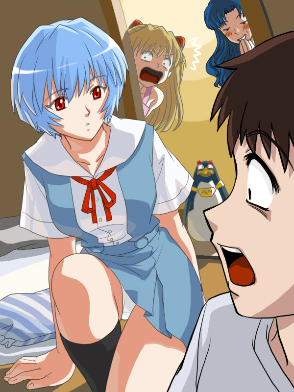 1boy, 3girls, :o, animal, apple2e, arm_support, ayanami_rei, bird, black_legwear, black_socks, blonde_hair, blue_hair, blush, brown_hair, hand_to_mouth, ikari_shinji, katsuragi_misato, kneehighs, kneeling, long_hair, multiple_girls, neon_genesis_evangelion, open_mouth, panties, pantyshot, peeking, penguin, penpen, profile, red_eyes, ribbon, school_uniform, shikinami_asuka_langley, short_hair, socks, souryuu_asuka_langley, surprise, surprised, underwear, white_panties