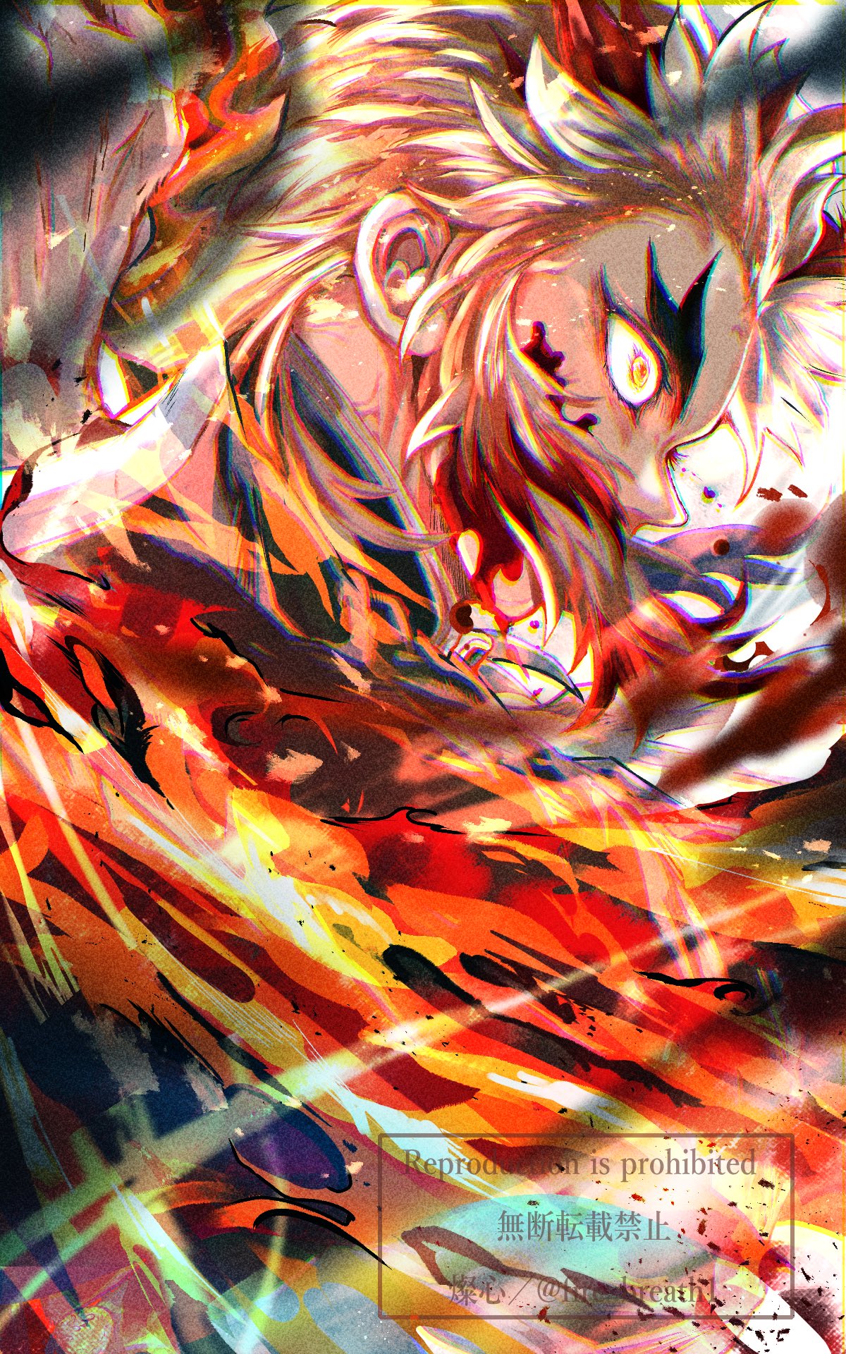1boy, blonde_hair, blood, blood_on_face, blood_splatter, demon_slayer_uniform, fire, fire_breath1, floating_hair, highres, holding, holding_sword, holding_weapon, kimetsu_no_yaiba, long_sleeves, looking_afar, male_focus, multicolored_hair, redhead, rengoku_kyoujurou, solo, streaked_hair, sword, thick_eyebrows, twitter_username, upper_body, weapon, white_background, yellow_eyes