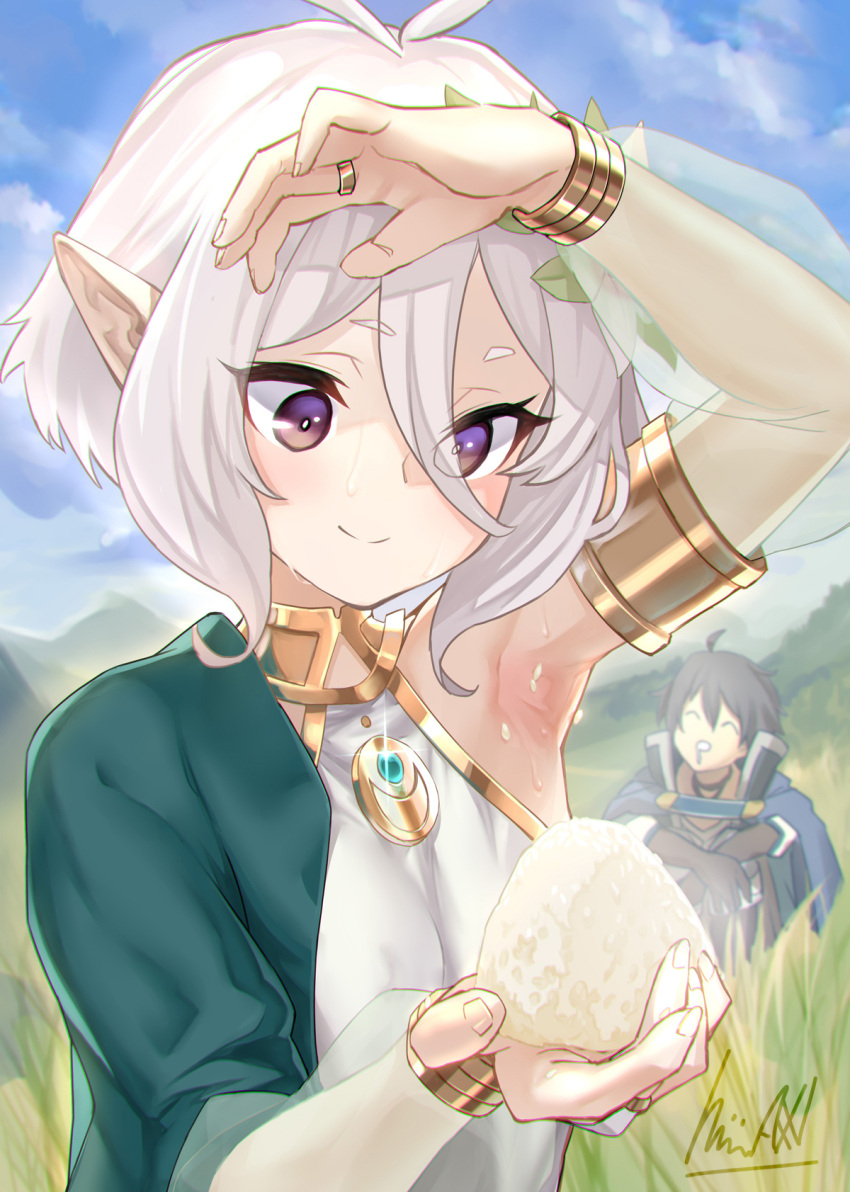 1boy, 1girl, ahoge, antenna_hair, armpit_onigiri, armpits, black_hair, blush, breasts, covered_nipples, elf, gradient_eyes, hair_between_eyes, haishima_xv, highres, kokkoro_(princess_connect!), multicolored_eyes, pointy_ears, princess_connect!, see-through, see-through_sleeves, short_hair, small_breasts, smile, solo_focus, sweat, upper_body, white_hair, yuuki_(princess_connect!)