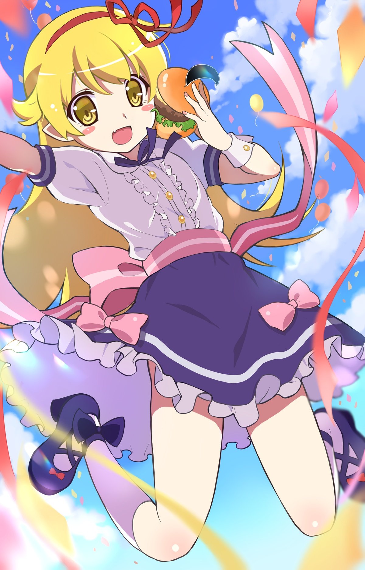 1girl, black_footwear, blonde_hair, blue_skirt, burger, center_frills, commentary_request, food