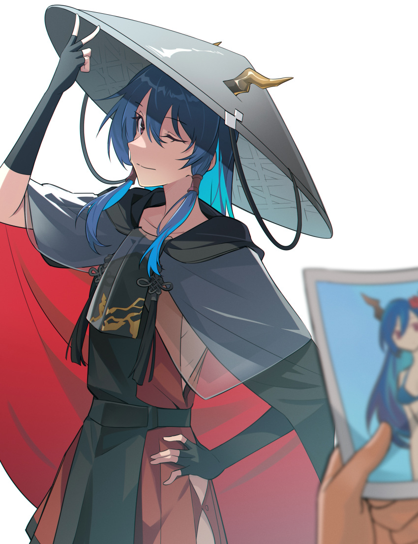 1girl, absurdres, arknights, blue_hair, cape, ch'en_(arknights), ch'en_the_holungday_(arknights), ch'en_the_holungday_(ten_thousand_mountains)_(arknights)