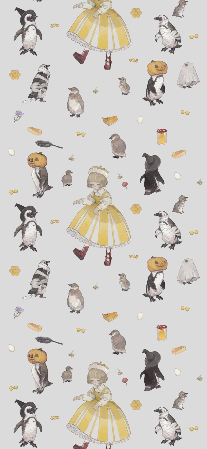 1girl, absurdres, african_penguin, animal, bandages, bee, bird, blonde_hair
