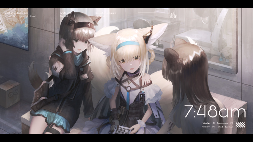 3girls, 3syo, animal_ear_fluff, animal_ears, arknights, bag, bare_shoulders, black_collar, black_eyes, black_gloves, black_jacket, blonde_hair, blue_hairband, blue_skirt, brown_hair, character_request, clothing_cutout, collar, commentary_request, dress, earpiece, fox_ears, fox_girl, fox_tail, gloves, hairband, highres, indoors, infection_monitor_(arknights), jacket, kitsune, kyuubi, letterboxed, long_hair, long_sleeves, multicolored_hair, multiple_girls, multiple_tails, open_mouth, oripathy_lesion_(arknights), partial_commentary, purple_dress, rhine_lab_logo, rhodes_island_medic_(arknights), shirt, short_hair, short_sleeves, shoulder_bag, shoulder_cutout, single_glove, sitting, skirt, suzuran_(arknights), tail, two-tone_hair, white_armband, white_hair, white_shirt, wrist_cuffs, yellow_eyes
